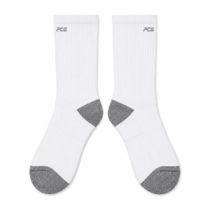 Custom athletic crew socks with cushioned sole and arch support for team sports manufactured by PCG Sportswear