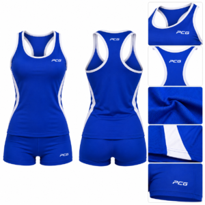 Women's custom beach volleyball uniform with performance top and matching competition shorts in royal blue and white by PCG Sportswear.