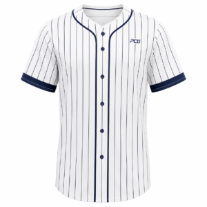 Custom baseball button-down jersey with pinstripes and sublimated name and number manufactured by PCG Sportswear