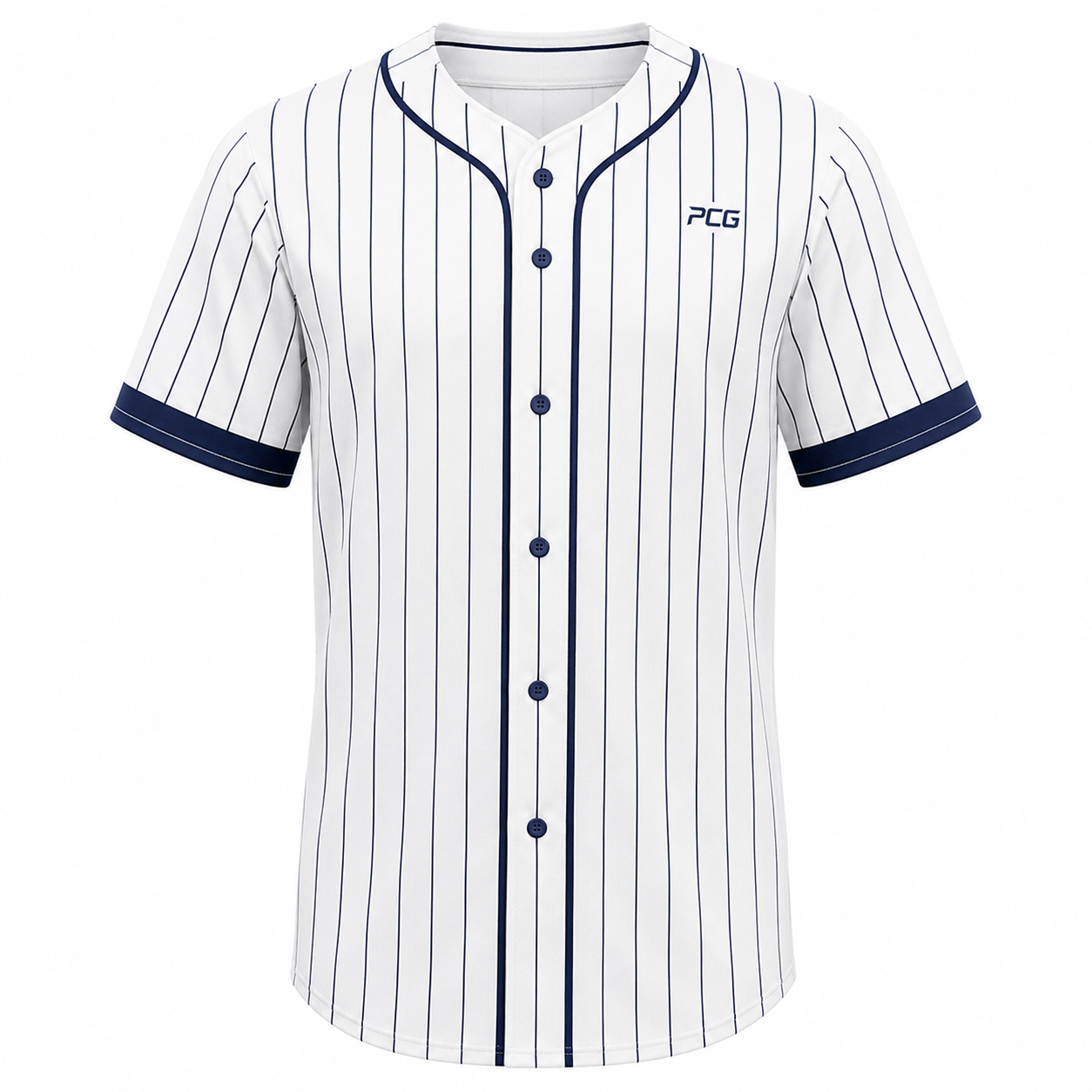Custom baseball button-down jersey with pinstripes and sublimated name and number manufactured by PCG Sportswear
