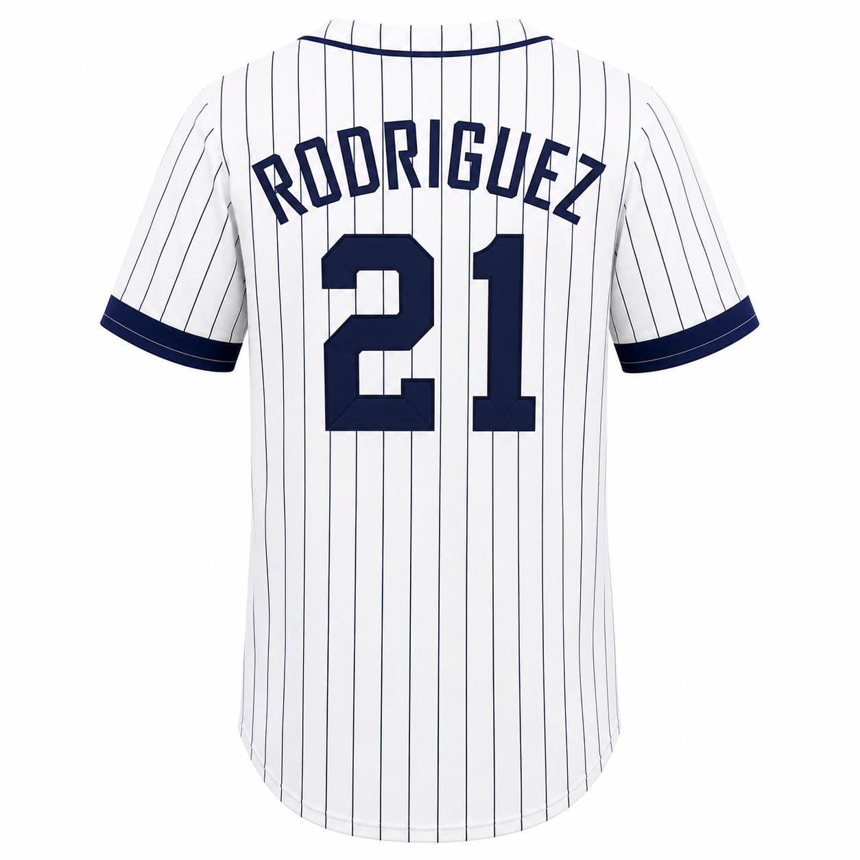 Custom baseball button-down jersey with pinstripes and sublimated name and number manufactured by PCG Sportswear