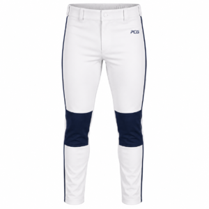 Custom baseball pants with belt loops double knee reinforcement and side braid stripe manufactured by PCG Sportswear