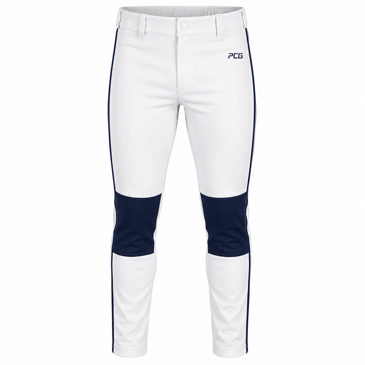 Custom baseball pants with belt loops double knee reinforcement and side braid stripe manufactured by PCG Sportswear