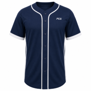 Custom solid color baseball jersey full button-down with sublimated name and number manufactured by PCG Sportswear