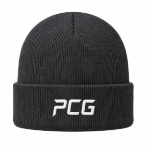 Custom athletic knit beanie with embroidered team logo for cold weather sports manufactured by PCG Sportswear