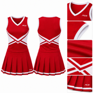 Women's custom cheer competition uniform featuring a cardinal red shell top and pleated skirt by PCG Sportswear.