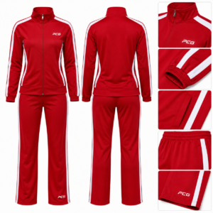 Custom cheer warm-up set featuring a cardinal red performance jacket and matching pants by PCG Sportswear.