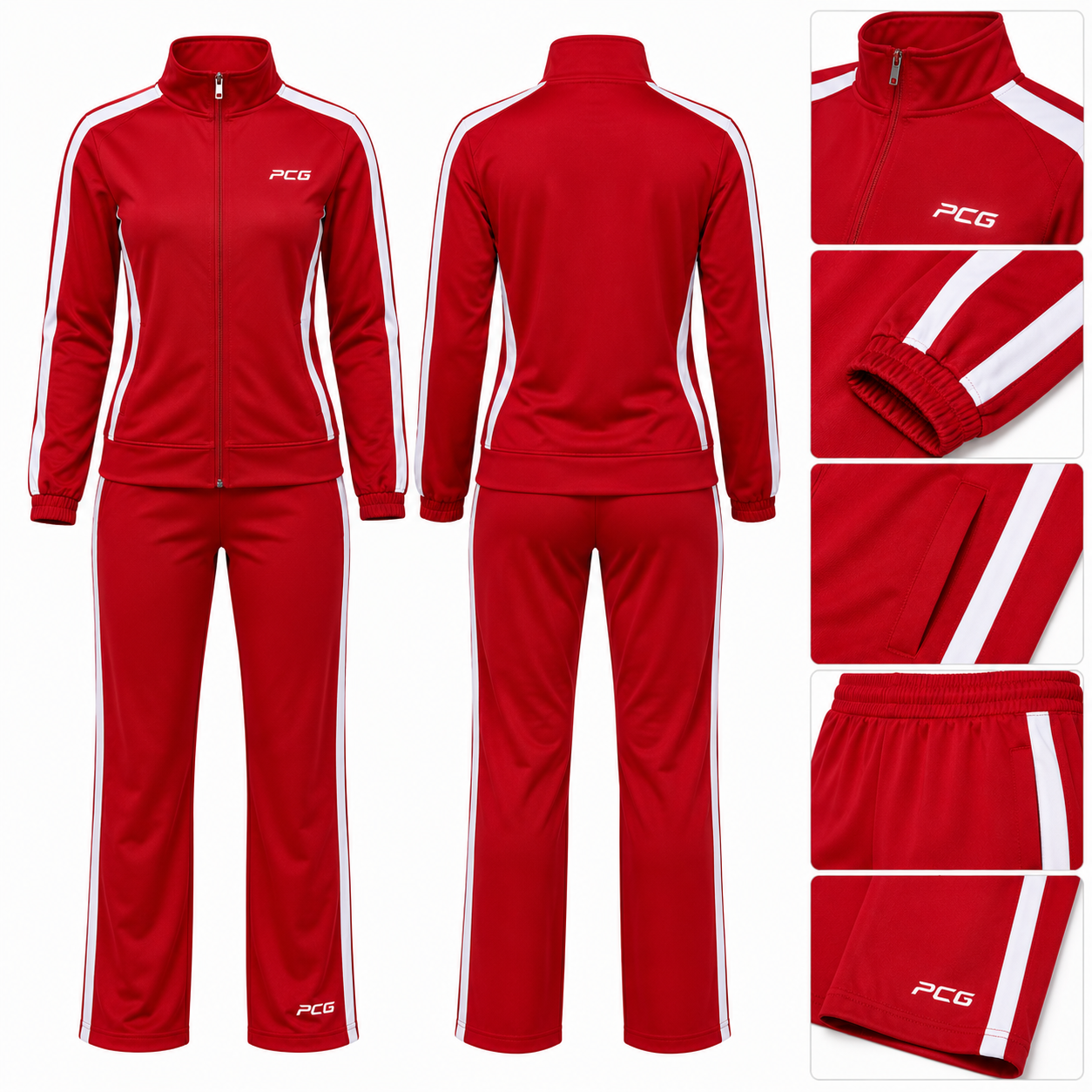 Custom cheer warm-up set featuring a cardinal red performance jacket and matching pants by PCG Sportswear.