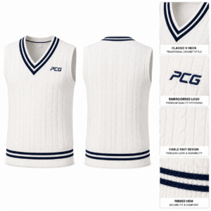 Custom cricket sweater vest in white with navy V-neck trim and PCG Sportswear branding.