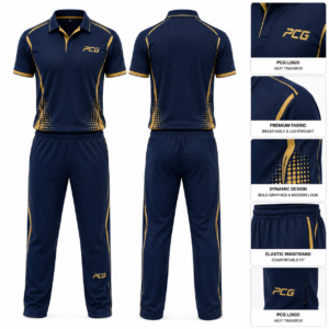 Custom cricket T20 uniform featuring a navy jersey with gold accents and matching cricket trousers by PCG Sportswear.