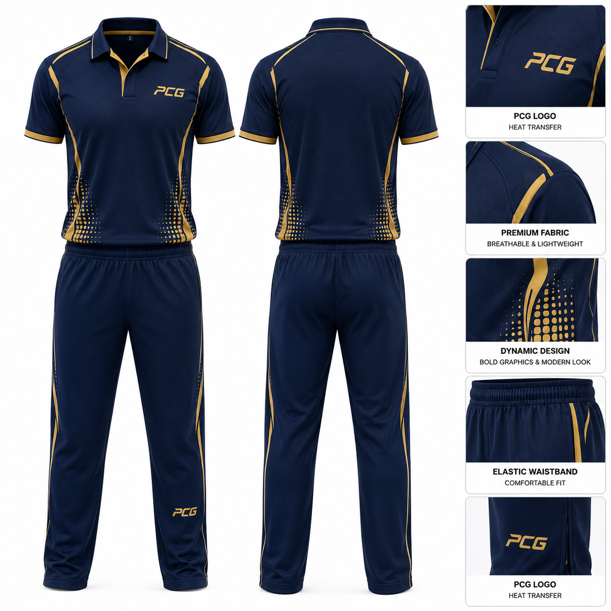 Custom cricket T20 uniform featuring a navy jersey with gold accents and matching cricket trousers by PCG Sportswear.