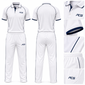 Custom cricket whites uniform featuring a white cricket shirt and matching cricket trousers with navy accents by PCG Sportswear.