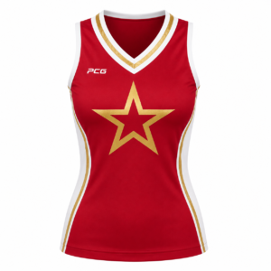 Custom cheerleading shell top with V-neck braid trim and sublimated team design manufactured by PCG Sportswear