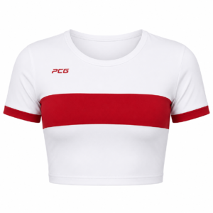 Custom cheerleading practice crop top with sublimated team branding manufactured by PCG Sportswear