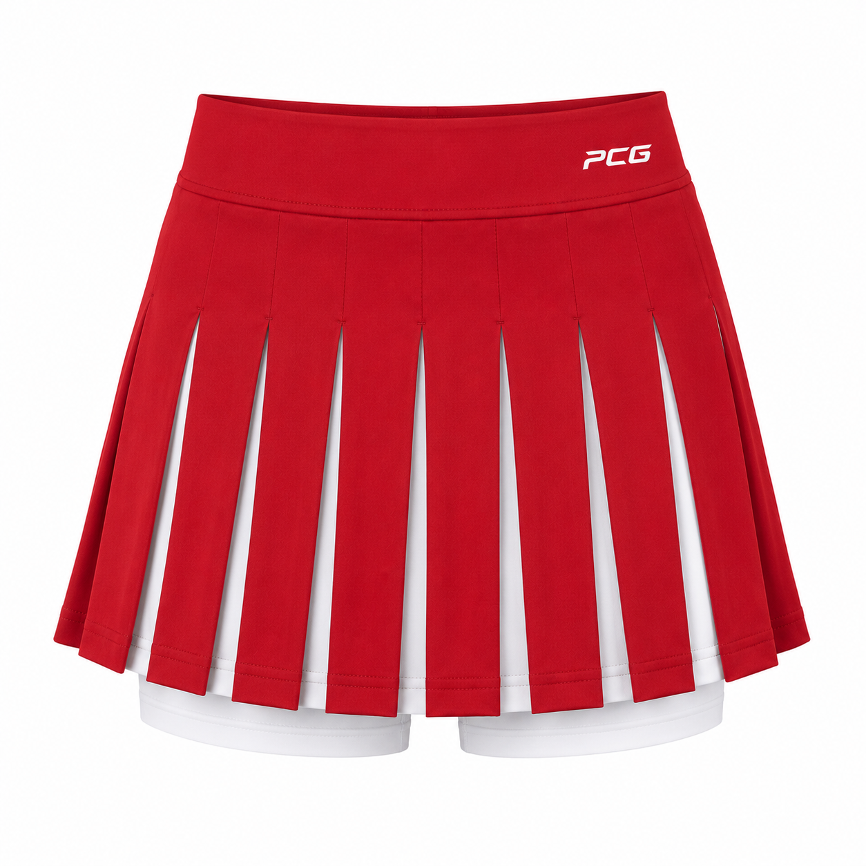 Custom cheerleading uniform skirt with knife pleats and built-in compression liner manufactured by PCG Sportswear