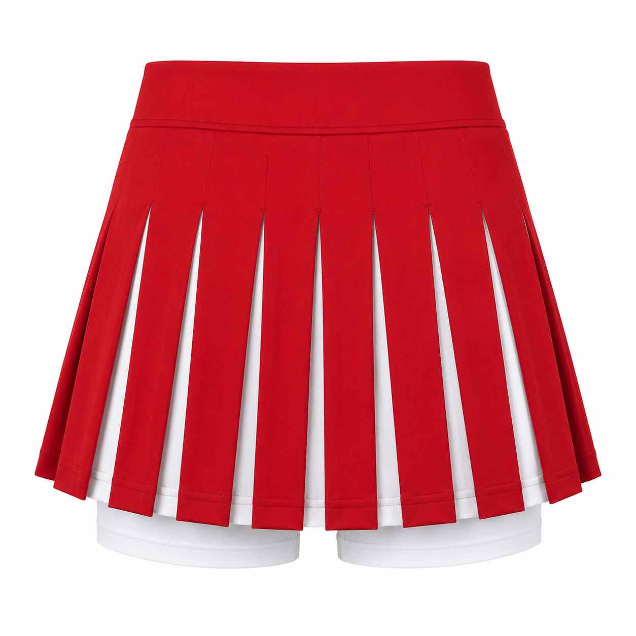 Custom cheerleading uniform skirt with knife pleats and built-in compression liner manufactured by PCG Sportswear