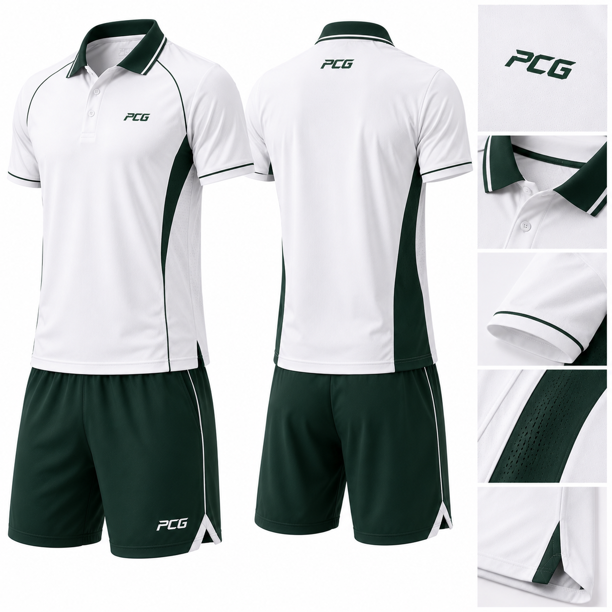 Custom tennis match uniform featuring tennis polo shirt and performance shorts manufactured by PCG Sportswear