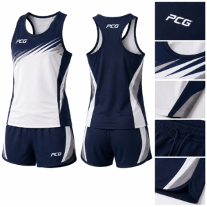 Custom Track and Field competition uniform featuring track singlet and running shorts manufactured by PCG Sportswear