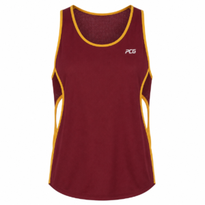 Custom cross country running singlet with side ventilation cutouts and sublimated team design manufactured by PCG Sportswear