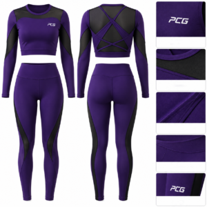 Custom dance performance set featuring a deep purple performance top and matching leggings with black accents by PCG Sportswear.