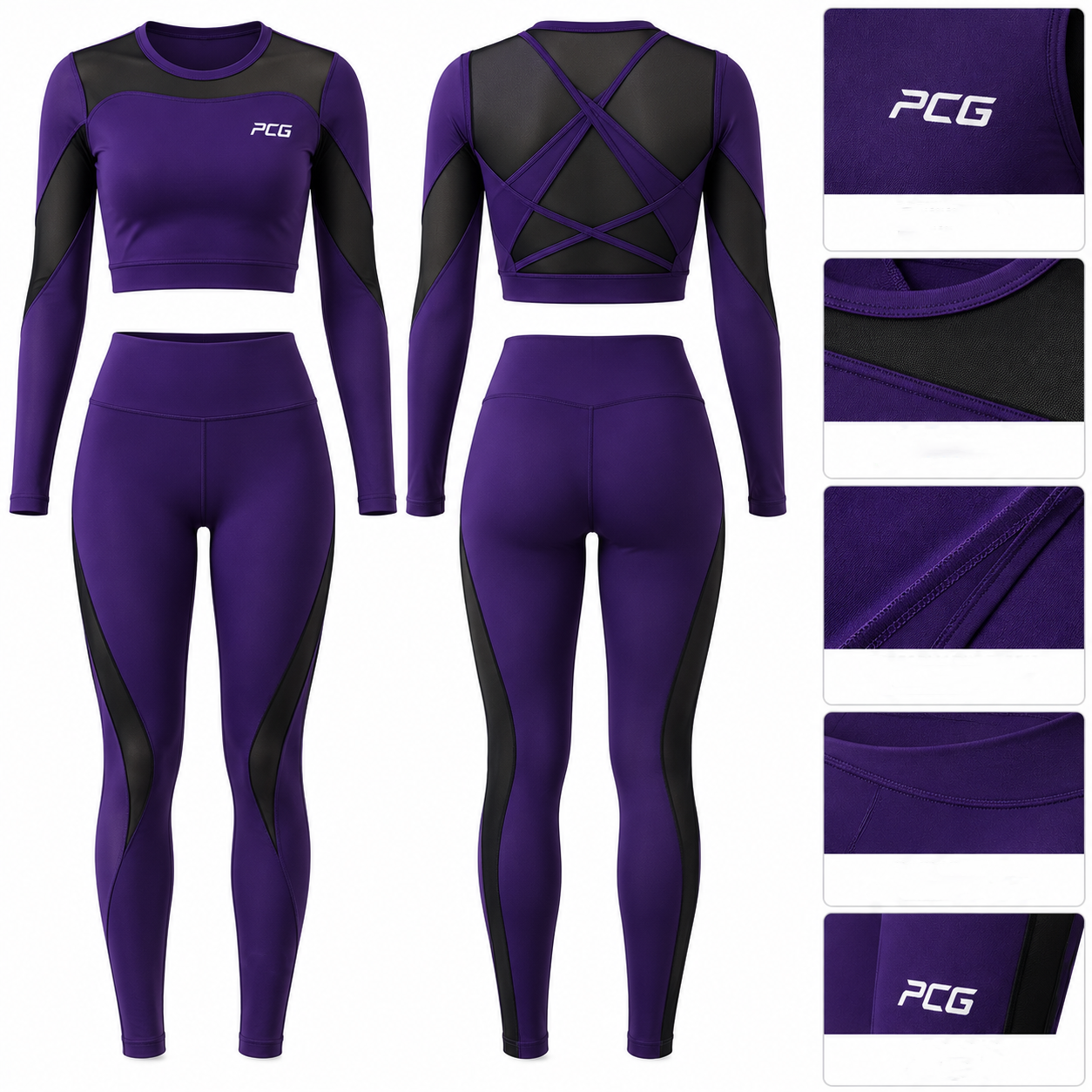 Custom dance performance set featuring a deep purple performance top and matching leggings with black accents by PCG Sportswear.