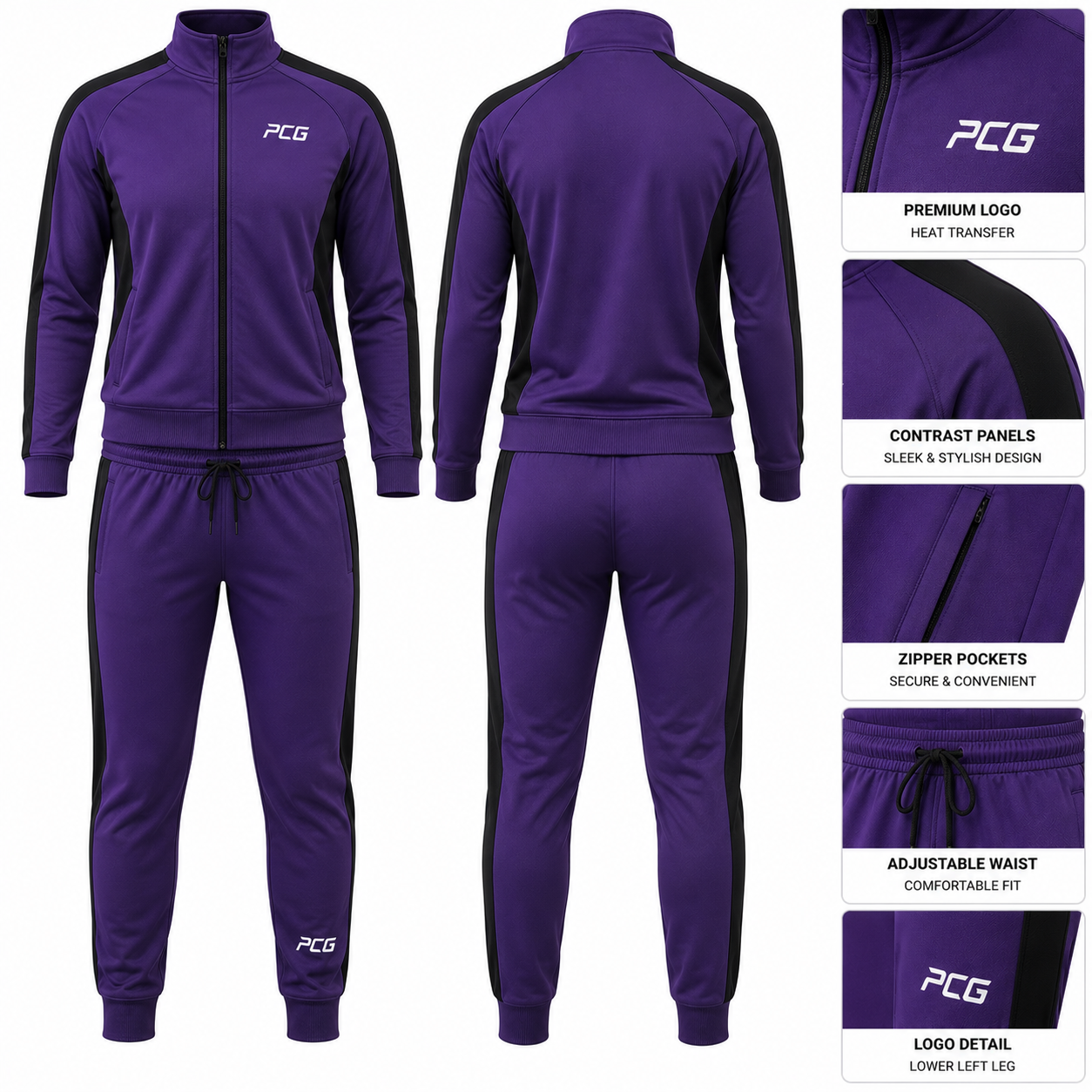 Custom dance warm-up set featuring a deep purple performance jacket and matching joggers with black accents by PCG Sportswear.