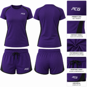 Custom dance practice set featuring a deep purple performance tee and matching athletic shorts with black accents by PCG Sportswear.