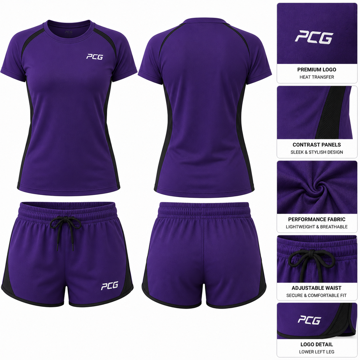 Custom dance practice set featuring a deep purple performance tee and matching athletic shorts with black accents by PCG Sportswear.