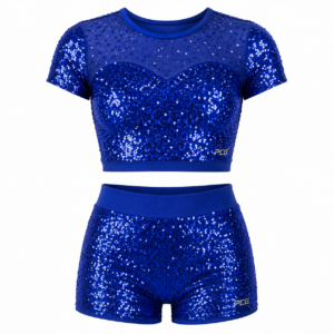 Custom dance team competition uniform sequin crop top and matching shorts with rhinestone embellishments manufactured by PCG Sportswear