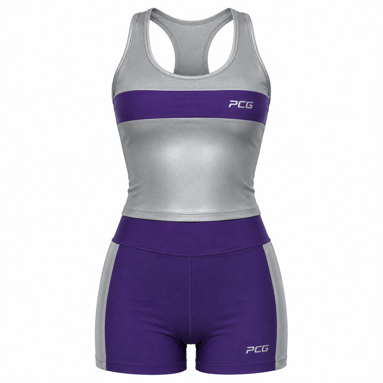 Custom dance team practice outfit racerback tank top and matching high-waist shorts with sublimated team design manufactured by PCG Sportswear