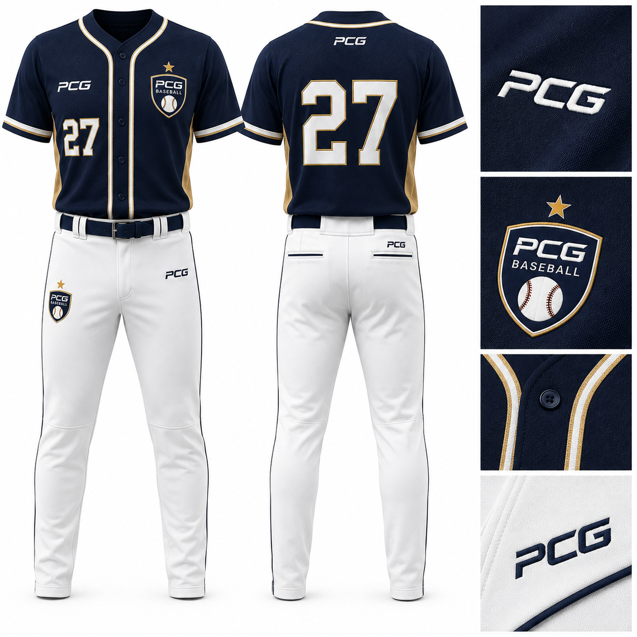 Custom baseball elite game uniform featuring baseball jersey and performance baseball pants manufactured by PCG Sportswear