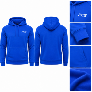 Custom flag football team hoodie in electric blue fleece with PCG Sportswear branding.