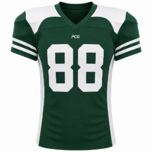 Custom American football game jersey with shoulder yoke panels and sublimated number manufactured by PCG Sportswear