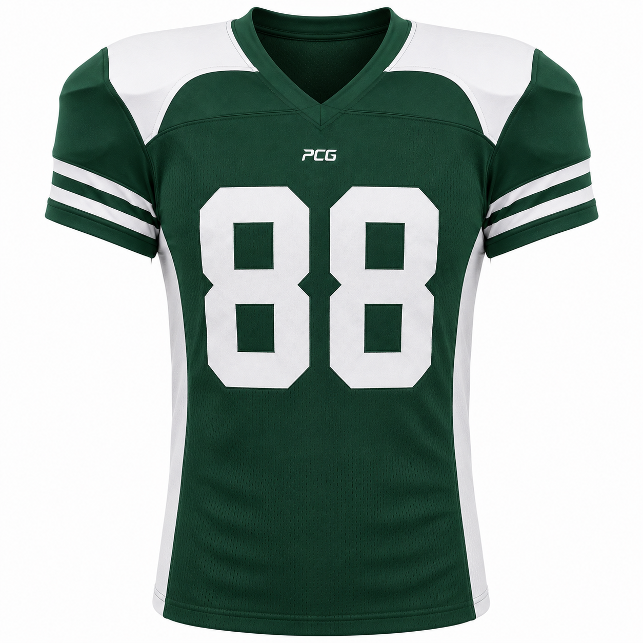 Custom American football game jersey with shoulder yoke panels and sublimated number manufactured by PCG Sportswear