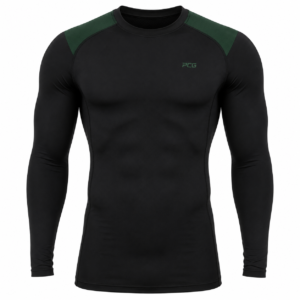 Custom football long sleeve compression shirt worn under shoulder pads with team color shoulder panels manufactured by PCG Sportswear