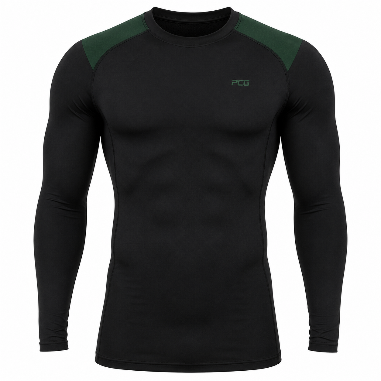 Custom football long sleeve compression shirt worn under shoulder pads with team color shoulder panels manufactured by PCG Sportswear