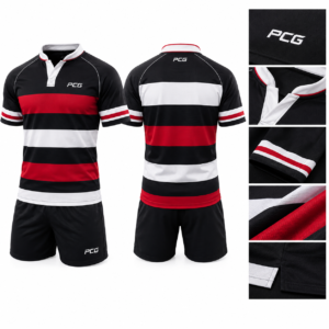 Custom rugby elite match kit featuring rugby jersey and performance rugby shorts manufactured by PCG Sportswear