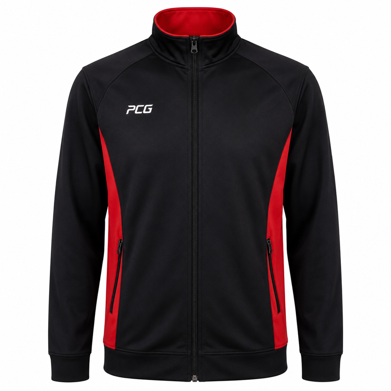 Custom hockey warm-up full-zip track jacket with sublimated team design manufactured by PCG Sportswear