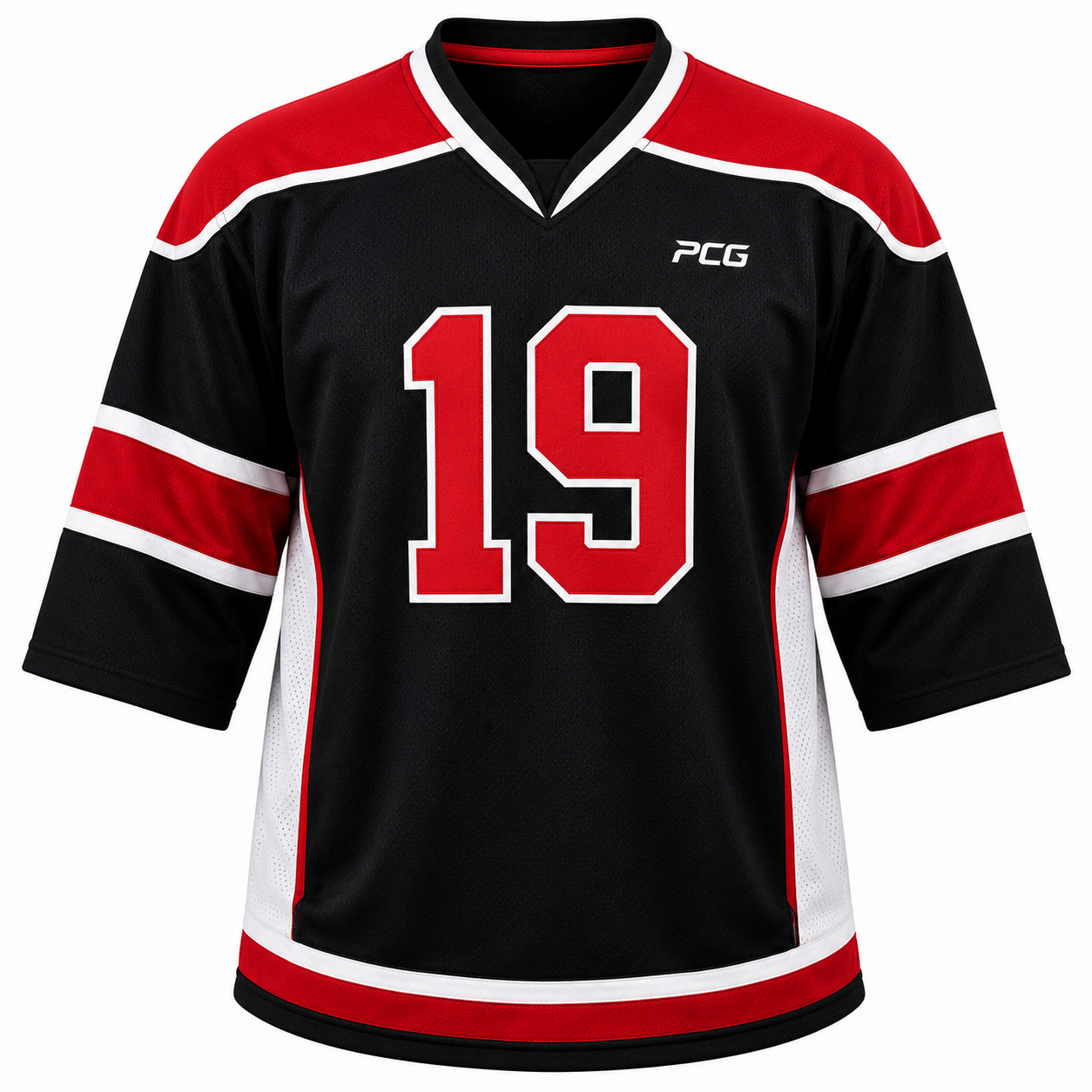 Custom ice hockey game jersey with shoulder yoke panels and sublimated number manufactured by PCG Sportswear