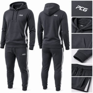 Custom fitness lifestyle apparel featuring premium hoodie and joggers manufactured by PCG Sportswear