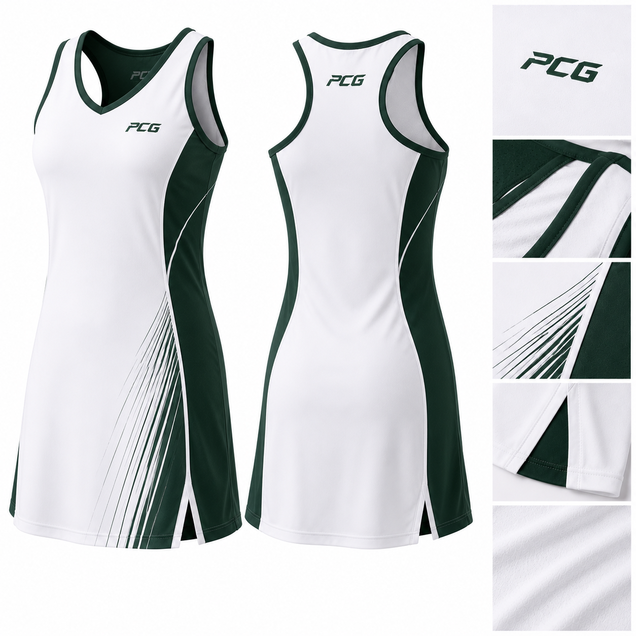 Custom netball elite match dress manufactured by PCG Sportswear for clubs, schools, and competitive netball teams
