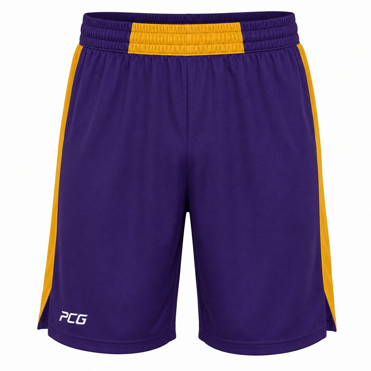 Custom men's lacrosse game shorts wide waistband with sublimated side stripe manufactured by PCG Sportswear