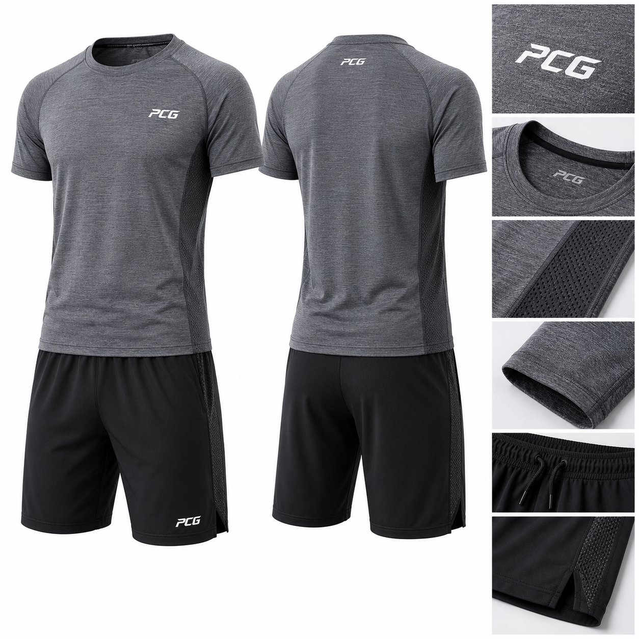 Custom performance gym wear featuring training tee and athletic shorts manufactured by PCG Sportswear