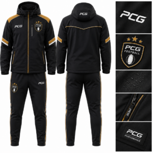 Custom football sideline and travel apparel featuring premium hoodie and joggers manufactured by PCG Sportswear