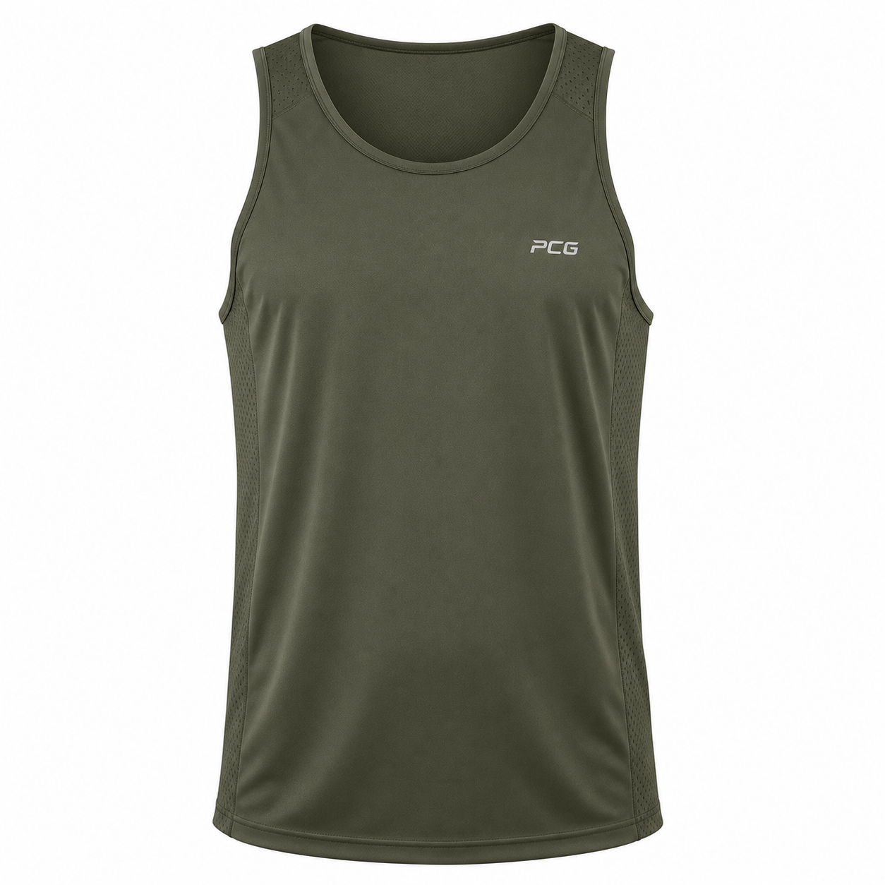 Custom sleeveless athletic tank top singlet with mesh side panels manufactured by PCG Sportswear