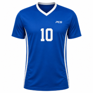 Custom soccer game jersey V-neck with sublimated player number and team design manufactured by PCG Sportswear