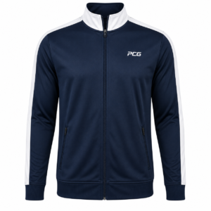 Custom soccer warm-up full-zip track jacket with stand-up collar and sublimated team design manufactured by PCG Sportswear