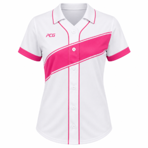 Custom softball button-down jersey with piping trim and sublimated name and number manufactured by PCG Sportswear