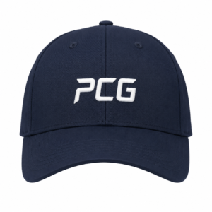 Custom structured 6-panel baseball cap with embroidered team logo manufactured by PCG Sportswear