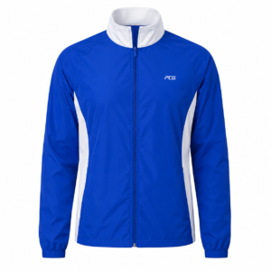Custom swim team warm-up jacket full-zip water-resistant with sublimated team design manufactured by PCG Sportswear